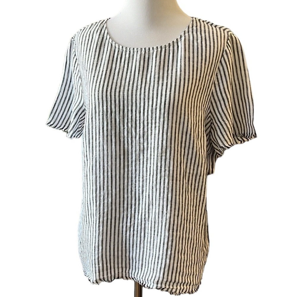 VINCE CAMUTO ESSENTIALS FRINGED LINEN STRIPED TOP BLACK WHITE SIZE SMALL NEW
